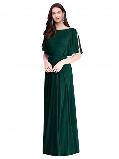 Purchase Long Bell Sleeves Bateau Neck A-Line Soft Chiffon Maxi Evening Dress Canada