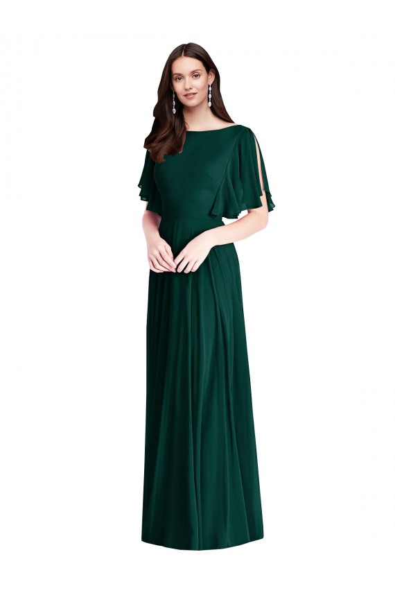 Purchase Long Bell Sleeves Bateau Neck A-Line Soft Chiffon Maxi Evening Dress Canada