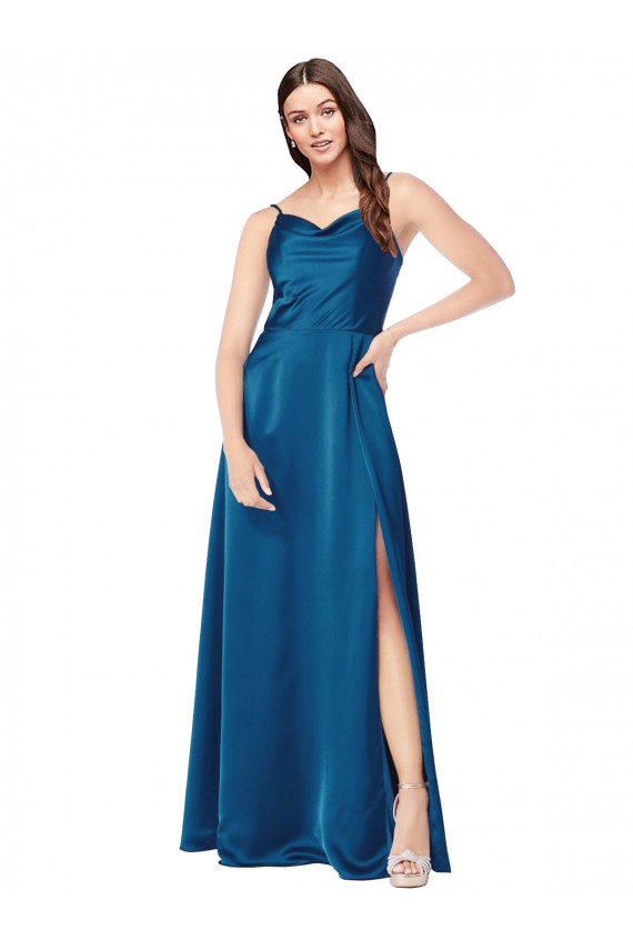 Purchase Long Sleeveless Spaghetti Straps A-Line Silky Satin Peacock Blue Evening Dress Canada