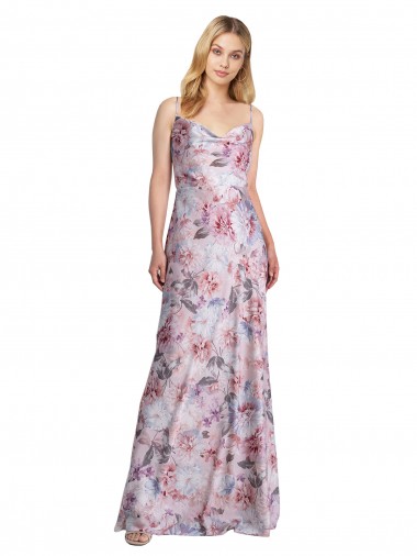 Purchase Long Sleeveless Cowl Neck A-Line Stretch Satin & Floral Evening Dress Canada