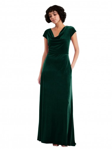 Purchase Long Cap Sleeves Cowl Neck A-Line Stretch Velvet Maxi Evening Dress Canada