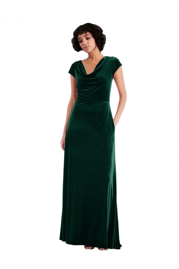 Purchase Long Cap Sleeves Cowl Neck A-Line Stretch Velvet Maxi Evening Dress Canada