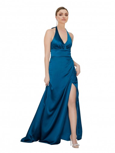 Purchase Long Sleeveless Halter Neck A-Line Silky Satin Peacock Blue Evening Dress Canada