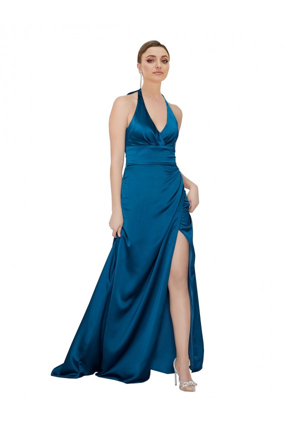 Purchase Long Sleeveless Halter Neck A-Line Silky Satin Peacock Blue Evening Dress Canada