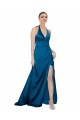 Purchase Long Sleeveless Halter Neck A-Line Silky Satin Peacock Blue Evening Dress Canada