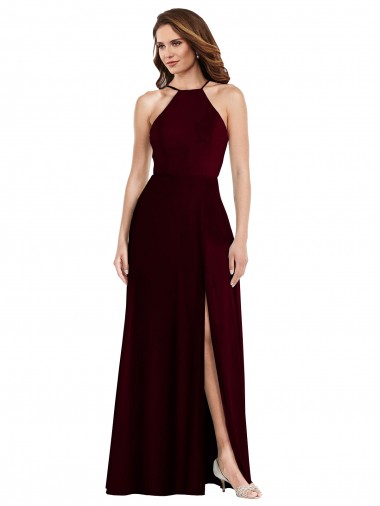 Purchase Long Sleeveless Spaghetti Straps A-Line Soft Chiffon Burgundy Gold Maxi Evening Dress Canada