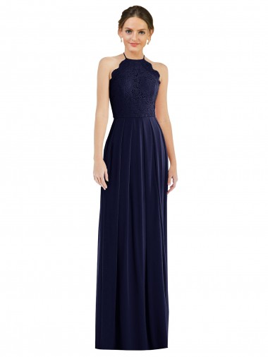 Purchase Long Sleeveless Halter Neck A-Line Soft Chiffon Dark Navy Maxi Evening Dress Canada