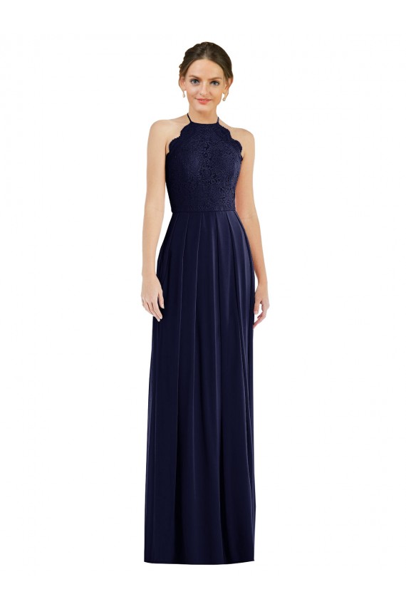 Purchase Long Sleeveless Halter Neck A-Line Soft Chiffon Dark Navy Maxi Evening Dress Canada
