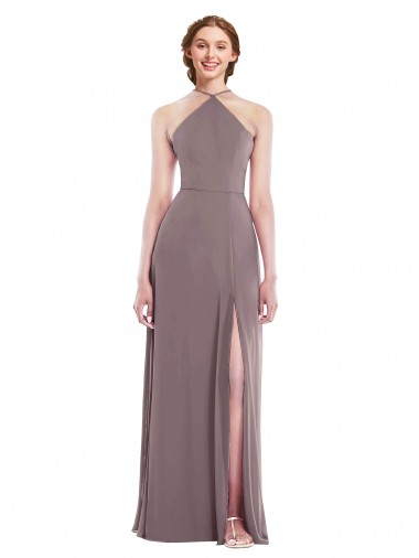 Purchase Long Sleeveless Halter Neck A-Line Soft Chiffon Dusty Rose Maxi Evening Dress Canada