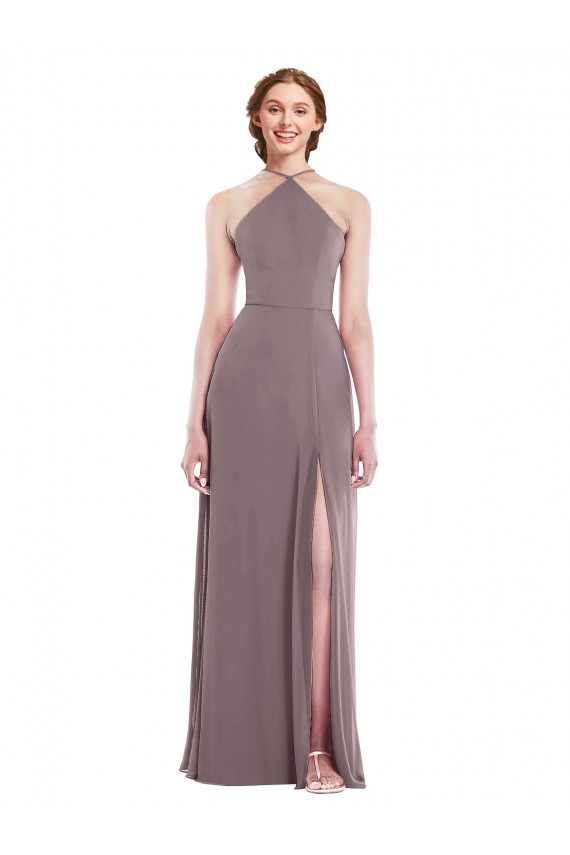 Purchase Long Sleeveless Halter Neck A-Line Soft Chiffon Dusty Rose Maxi Evening Dress Canada