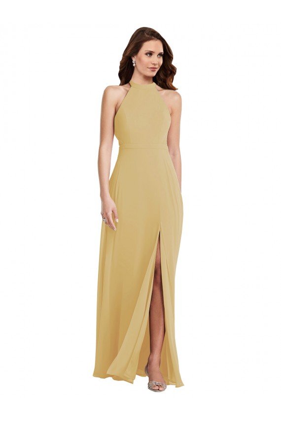 Purchase Long Sleeveless Halter Neck A-Line Soft Chiffon Gold Maxi Evening Dress Canada