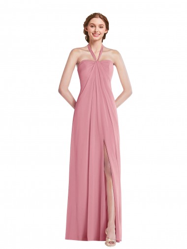 Purchase Long Sleeveless Halter Neck A-Line Soft Chiffon Skin Pink Maxi Evening Dress Canada