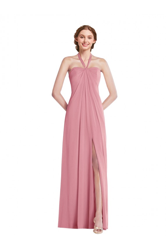 Purchase Long Sleeveless Halter Neck A-Line Soft Chiffon Skin Pink Maxi Evening Dress Canada