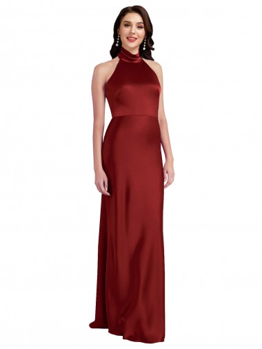 Purchase Long Sleeveless Halter Neck A-Line Stretch Satin Burgundy Evening Dress Canada