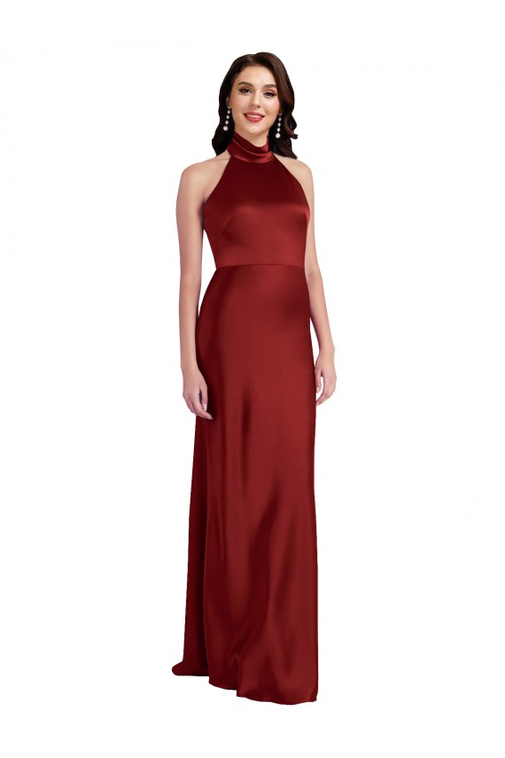 Purchase Long Sleeveless Halter Neck A-Line Stretch Satin Burgundy Evening Dress Canada