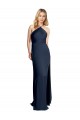 Purchase Long Sleeveless Halter Neck A-Line Stretch Satin Dark Navy Evening Dress Canada
