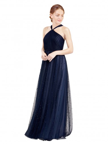 Purchase Long Sleeveless Halter Neck A-Line Tulle Semi Formal Evening Dress Canada