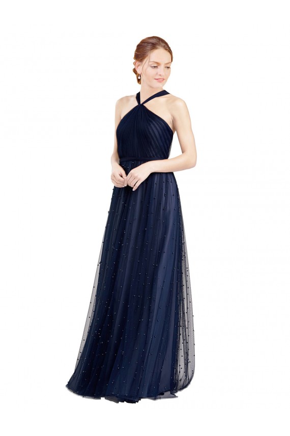 Purchase Long Sleeveless Halter Neck A-Line Tulle Semi Formal Evening Dress Canada
