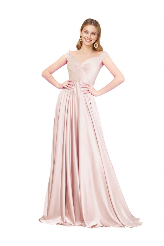 Purchase Long Sleeveless Off the Shoulder A-Line Pink Satin Evening Dresses Canada