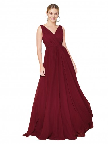 Purchase Long Sleeveless V-Neck A-Line Soft Chiffon Burgundy Bridal Party Dress Canada