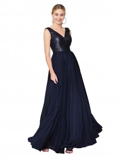 Purchase Long Sleeveless V-Neck A-Line Soft Chiffon & Sequin Semi Formal Evening Dress Canada