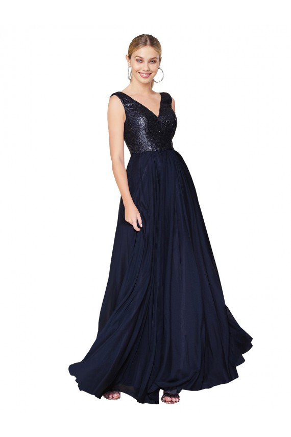 Purchase Long Sleeveless V-Neck A-Line Soft Chiffon & Sequin Semi Formal Evening Dress Canada