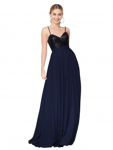 Purchase Long Sleeveless Spaghetti Straps A-Line Soft Chiffon & Sequin Semi Formal Evening Dress Canada