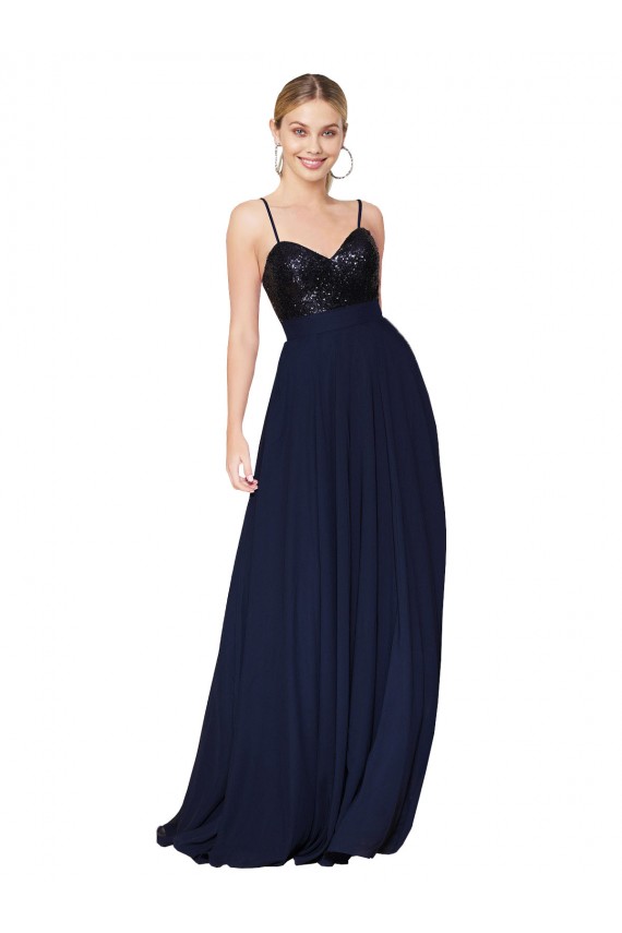 Purchase Long Sleeveless Spaghetti Straps A-Line Soft Chiffon & Sequin Semi Formal Evening Dress Canada