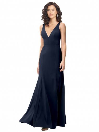 Purchase Long Sleeveless V-Neck A-Line Stretch Crepe Dark Navy Evening Dress Canada