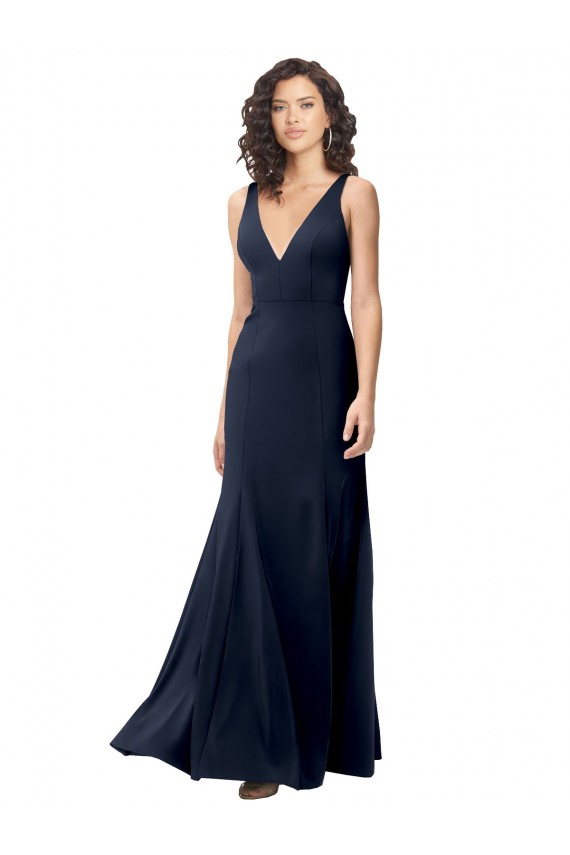 Purchase Long Sleeveless V-Neck A-Line Stretch Crepe Dark Navy Evening Dress Canada
