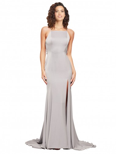 Purchase Sweep Train Sleeveless High Neck A-Line Stretch Satin Evening Dresses Canada