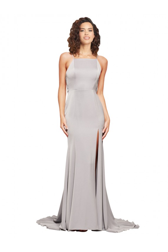 Purchase Sweep Train Sleeveless High Neck A-Line Stretch Satin Evening Dresses Canada