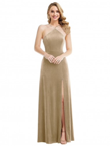 Purchase Long Sleeveless Halter Neck A-Line Stretch Velvet Open Back Maxi Evening Dress Canada