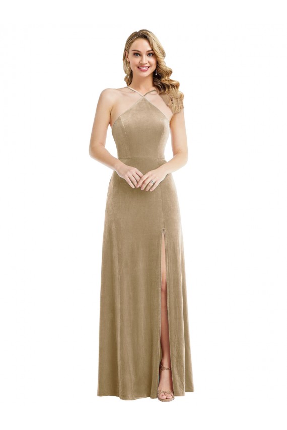 Purchase Long Sleeveless Halter Neck A-Line Stretch Velvet Open Back Maxi Evening Dress Canada