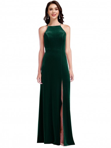 Purchase Long Sleeveless Halter Neck A-Line Stretch Velvet Maxi Evening Dress Canada