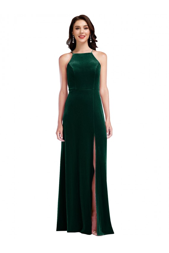 Purchase Long Sleeveless Halter Neck A-Line Stretch Velvet Maxi Evening Dress Canada