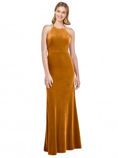 Purchase Long Sleeveless Halter Neck A-Line Stretch Velvet Evening Dress Canada