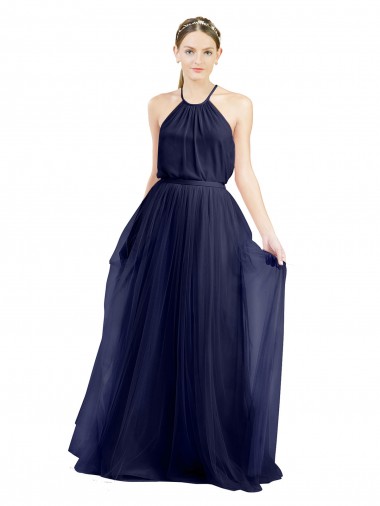 Purchase Long Sleeveless Halter Neck A-Line Tulle Semi Formal Bridal Party Dress Canada