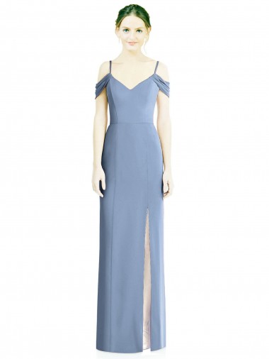 Purchase Long Cold Shoulder Off the Shoulder A-Line Soft Chiffon Dusty Blue Evening Dress Canada