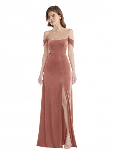 Purchase Long Sleeveless Off the Shoulder A-Line Stretch Velvet Maxi Evening Dress Canada