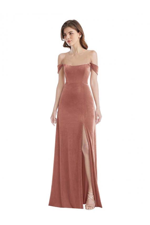 Purchase Long Sleeveless Off the Shoulder A-Line Stretch Velvet Maxi Evening Dress Canada