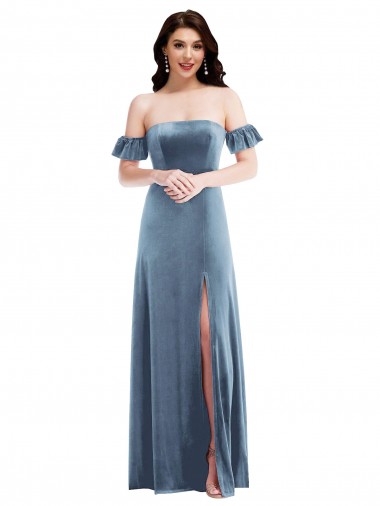 Purchase Long Ruffle Sleeves Off the Shoulder A-Line Stretch Velvet Semi Formal Evening Dress Canada