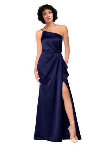 Purchase Long Sleeveless One Shoulder A-Line Silky Satin Sapphire Evening Dress Canada