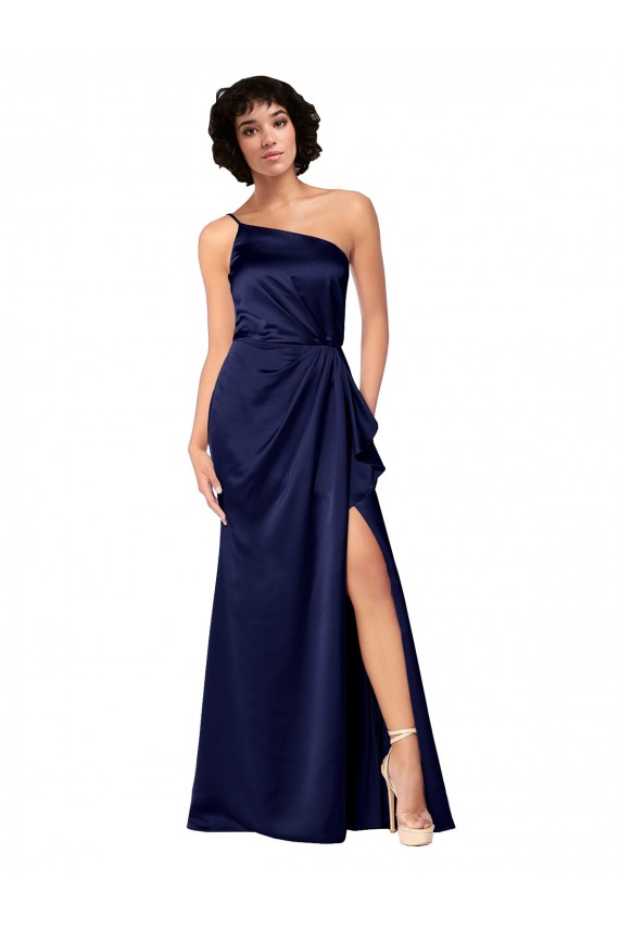 Purchase Long Sleeveless One Shoulder A-Line Silky Satin Sapphire Evening Dress Canada