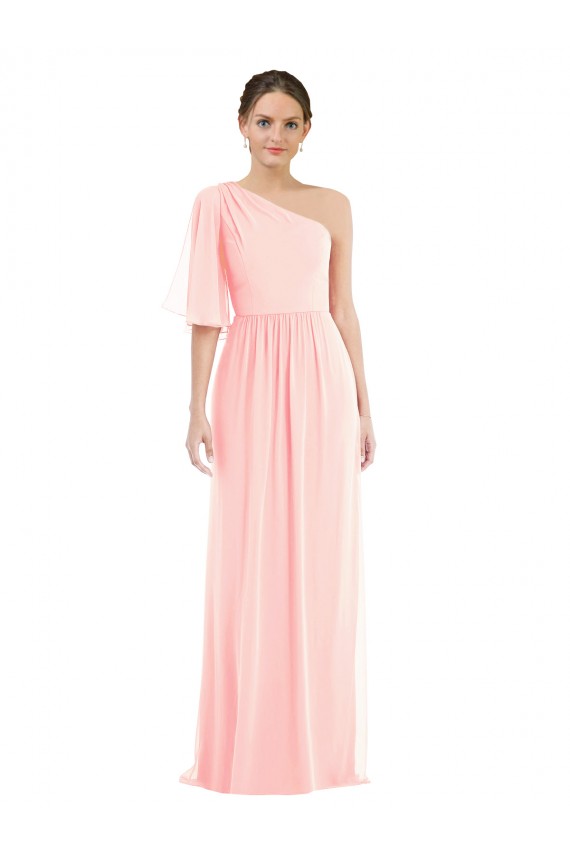 Purchase Long Bell Sleeves One Shoulder A-Line Soft Chiffon Maxi Evening Dress Canada
