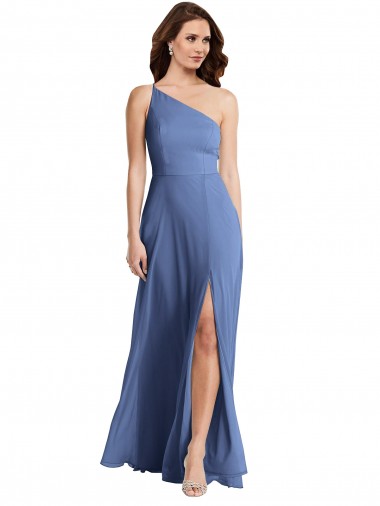 Purchase Long Sleeveless One Shoulder A-Line Soft Chiffon Windsor Blue Maxi Evening Dress Canada