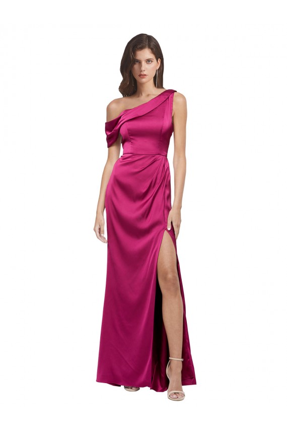 Purchase Long Sleeveless One Shoulder A-Line Stretch Satin Fuchsia Evening Dress Canada