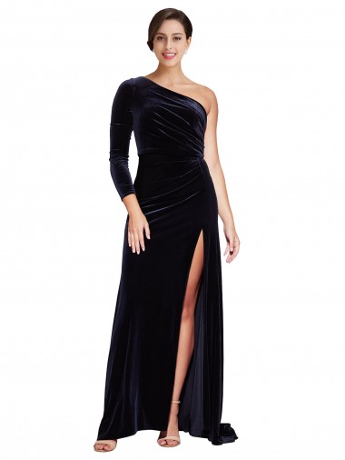 Purchase Sweep Train Long Sleeves One Shoulder A-Line Stretch Velvet Evening Dress Canada