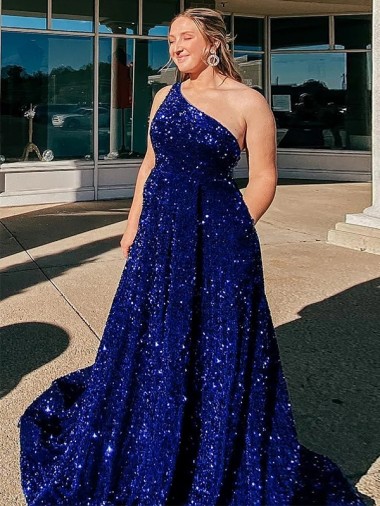 Purchase Sweep Train Sleeveless One Shoulder A-Line Velvet Sequin Evening Dress Canada