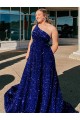 Purchase Sweep Train Sleeveless One Shoulder A-Line Velvet Sequin Evening Dress Canada
